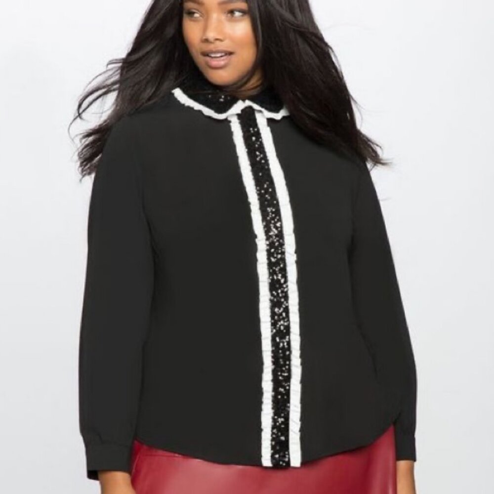 ELOQUII Studio Black and White Ruffle Sequin Tuxedo Button-Down TOP SZ. 16